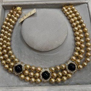 Nina Ricci 3 layer pearl necklace with cabochon jems and Swarovski bezels